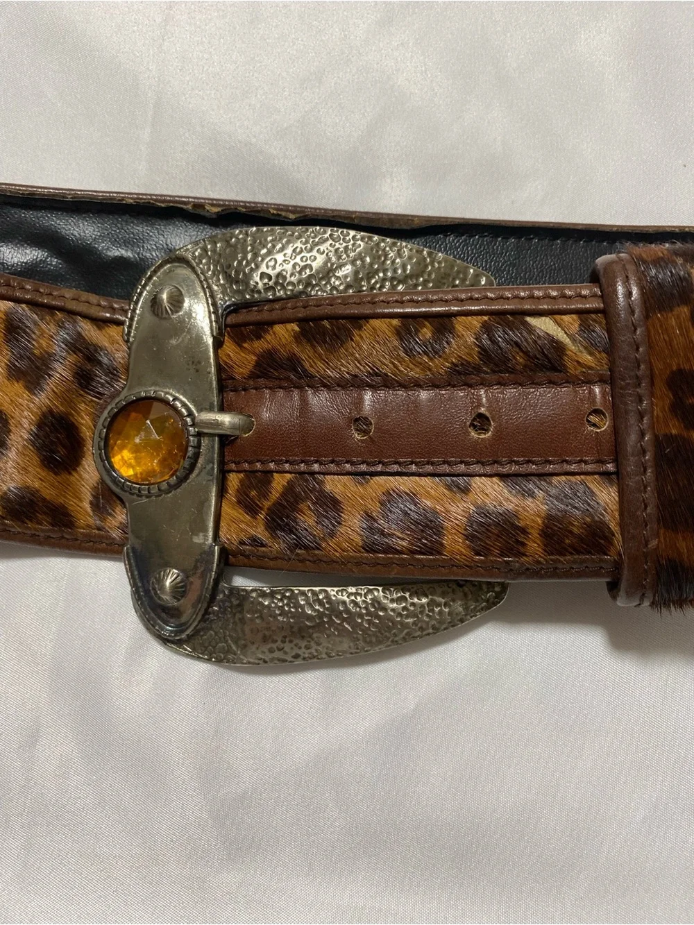 Leopard Print leather Women's Belt with Amber Accent Buckle